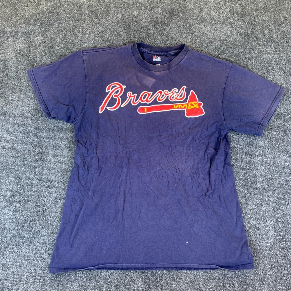 VTG Majestic Atlanta Braves T-Shirt Mens Medium Navy Blue Graphic Short Sleeve